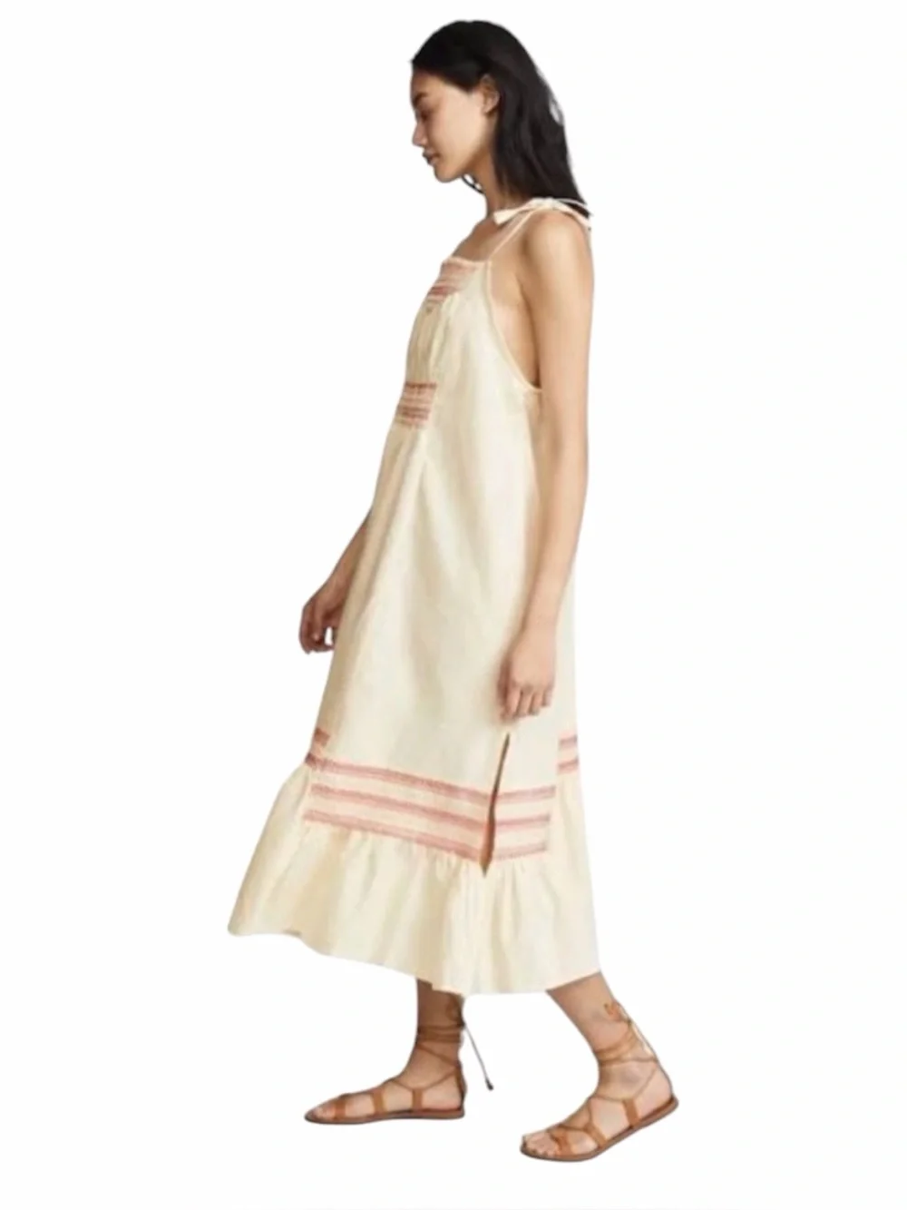 Free People Cream Smocked Tie-Strap Midi Dress with Pink Embroidery Size M
